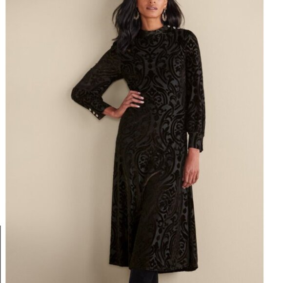 Soft Surroundings Hadley Velvet Dress Black Abstract Modest Modern NWT 16 Petite - Picture 1 of 12